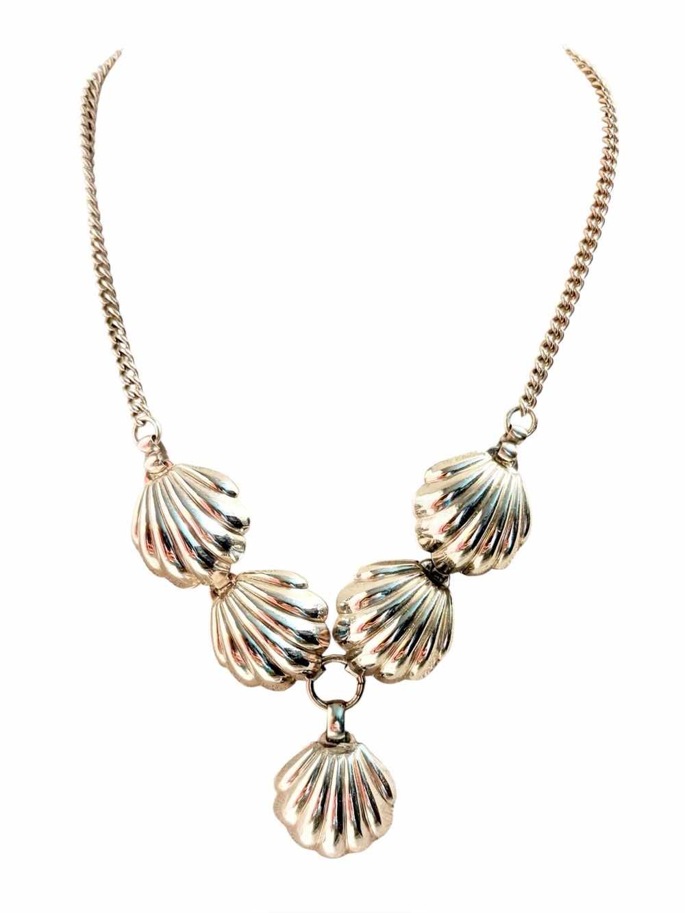Vintage 60s 70s Silver Tone Shell Drop Choker Necklace